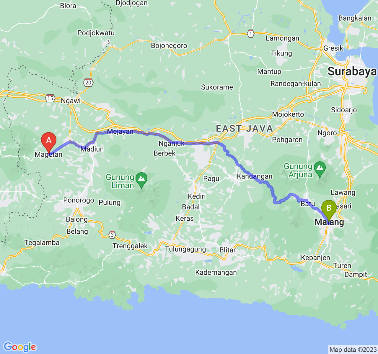 rute perjalanan Kab. Magetan-Kota Malang