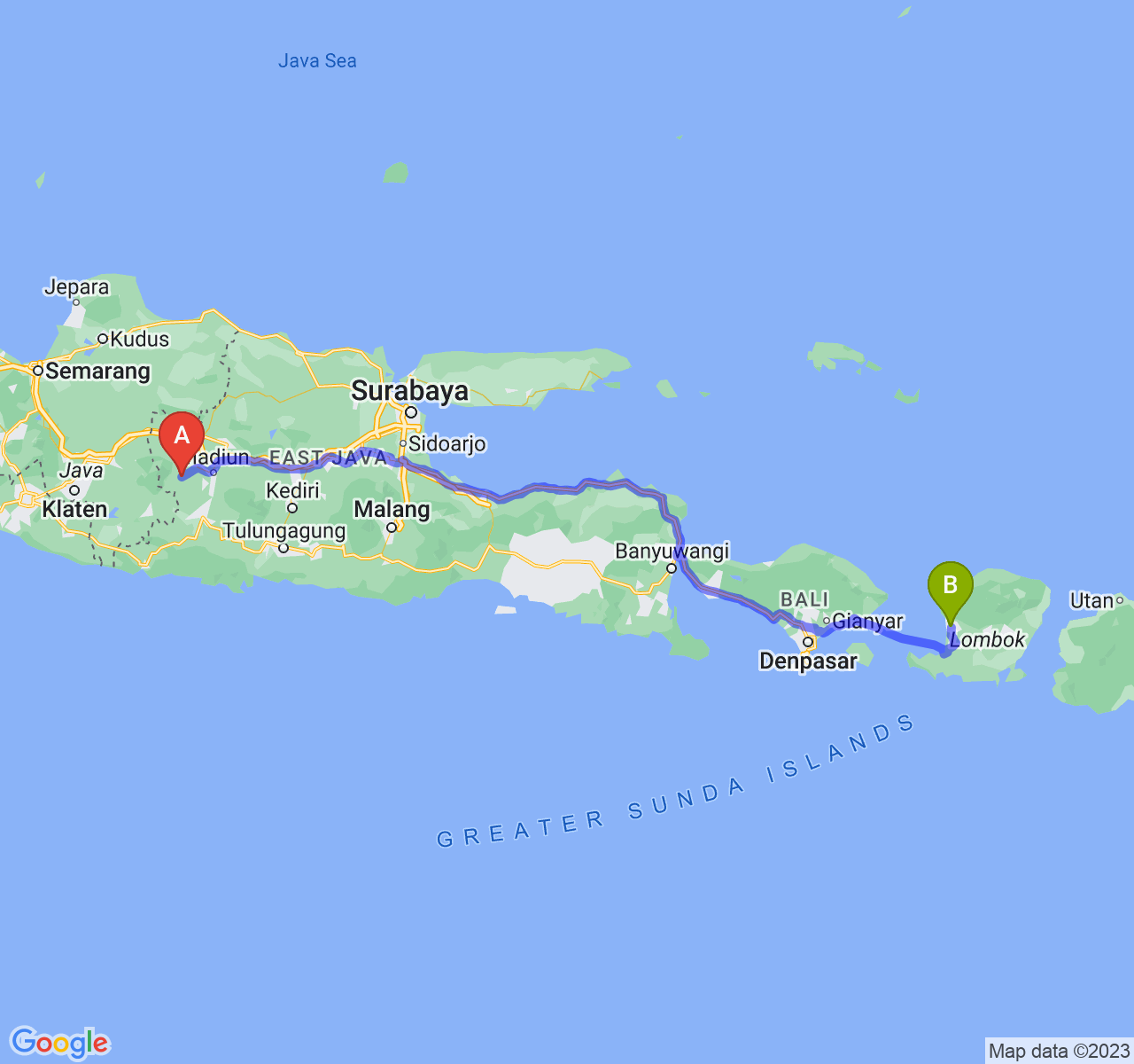 rute perjalanan Kab. Magetan-Kota Mataram