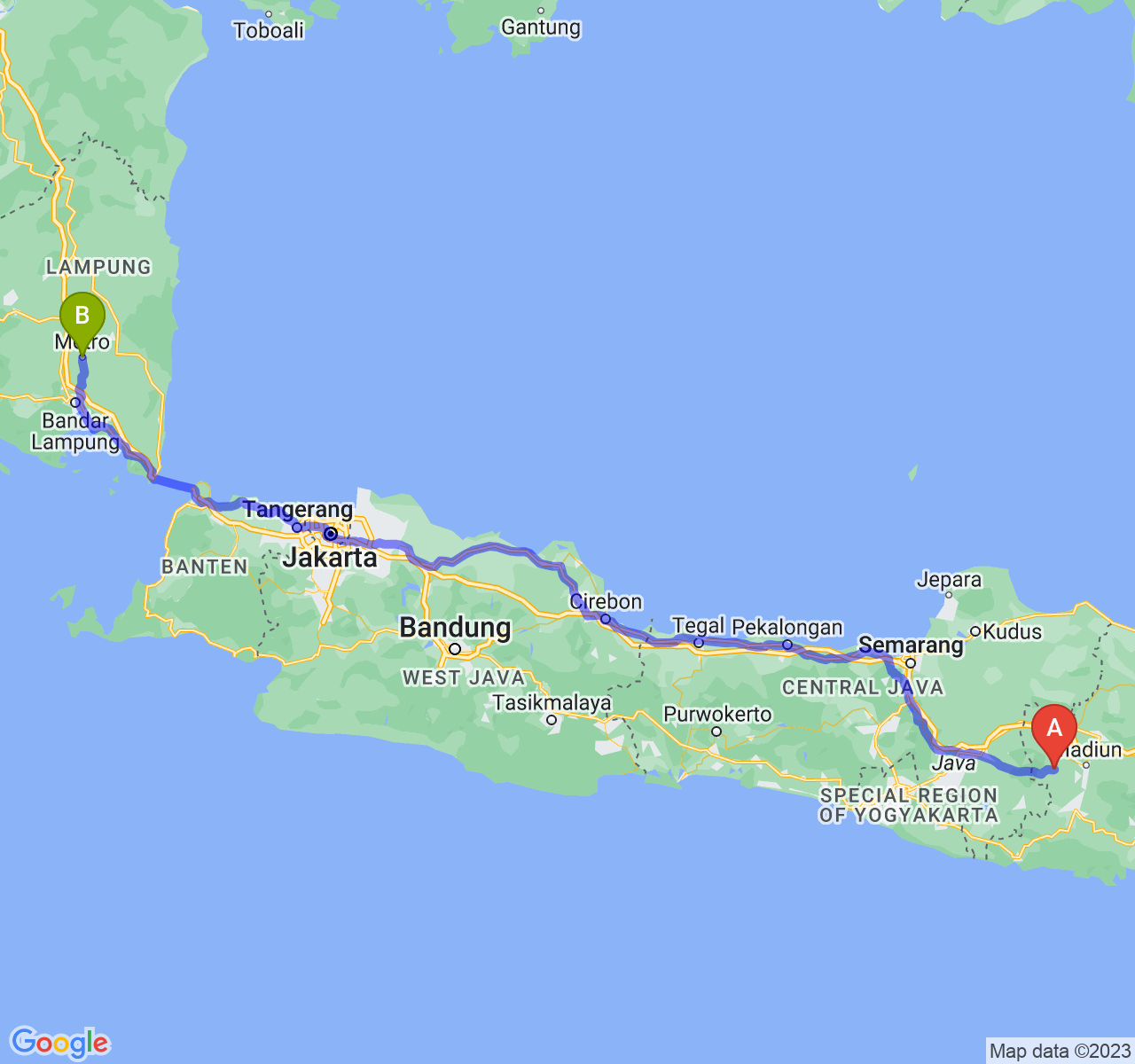 rute perjalanan Kab. Magetan-Kota Metro