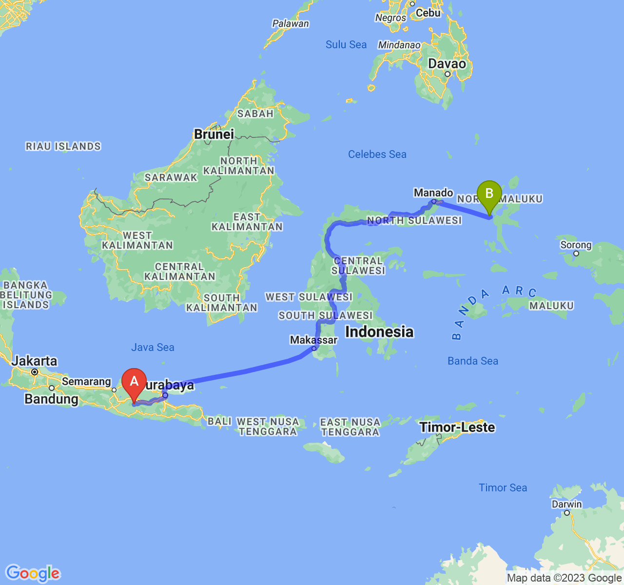 rute perjalanan Kab. Magetan-Kota Ternate