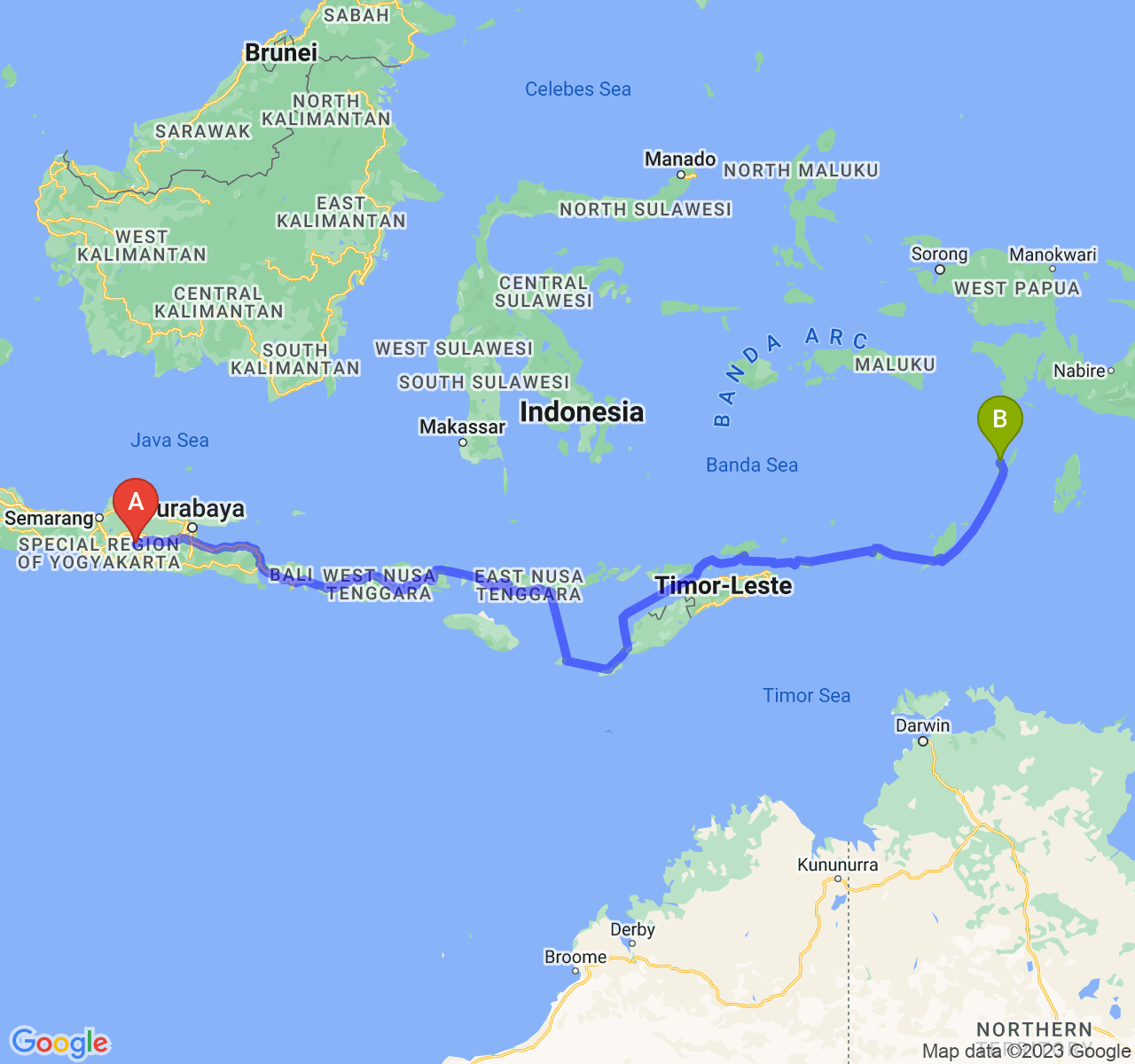 rute perjalanan Kab. Magetan-Kota Tual