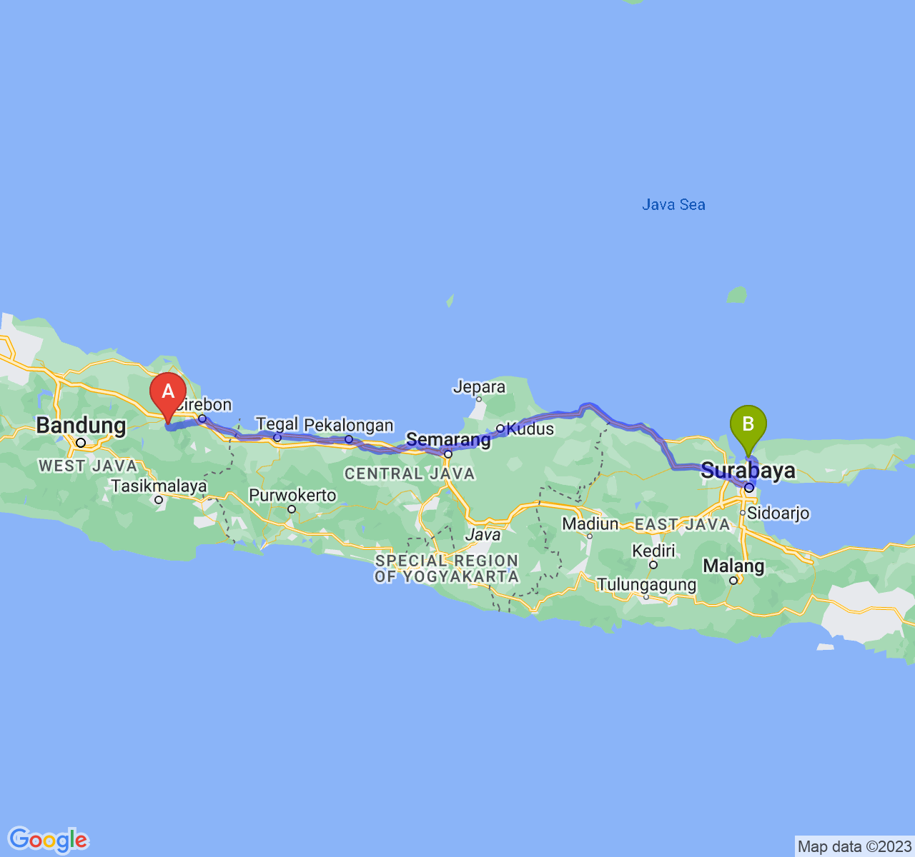 rute perjalanan Kab. Majalengka-Kab. Bangkalan