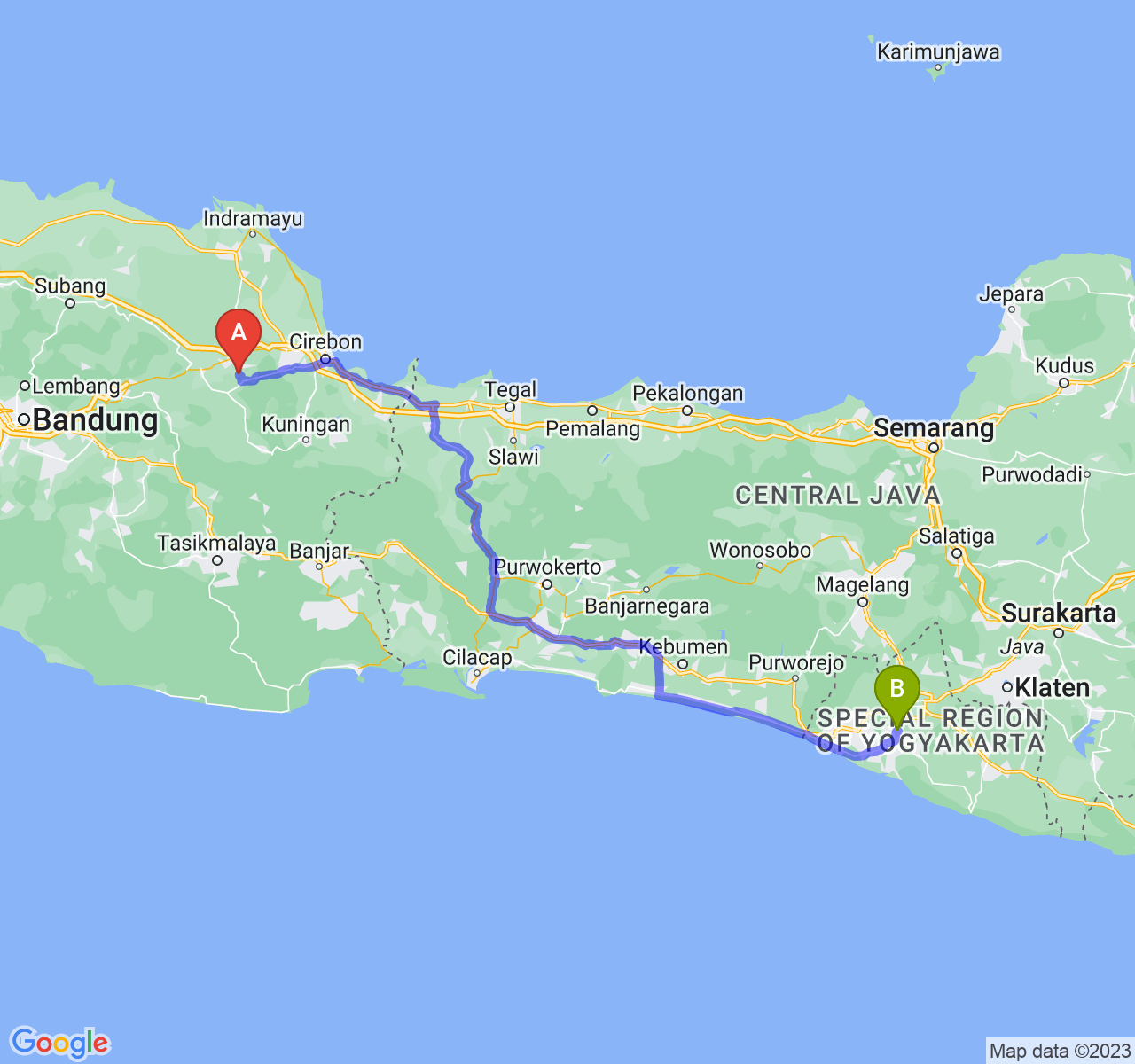 rute perjalanan Kab. Majalengka-Kab. Bantul