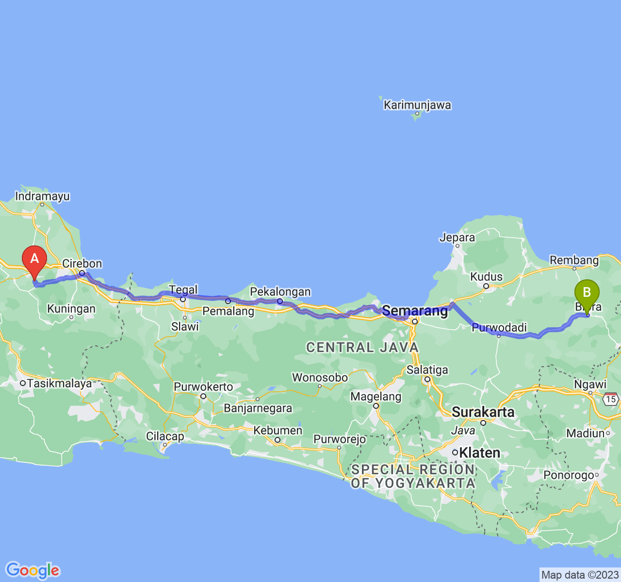 rute perjalanan Kab. Majalengka-Kab. Blora