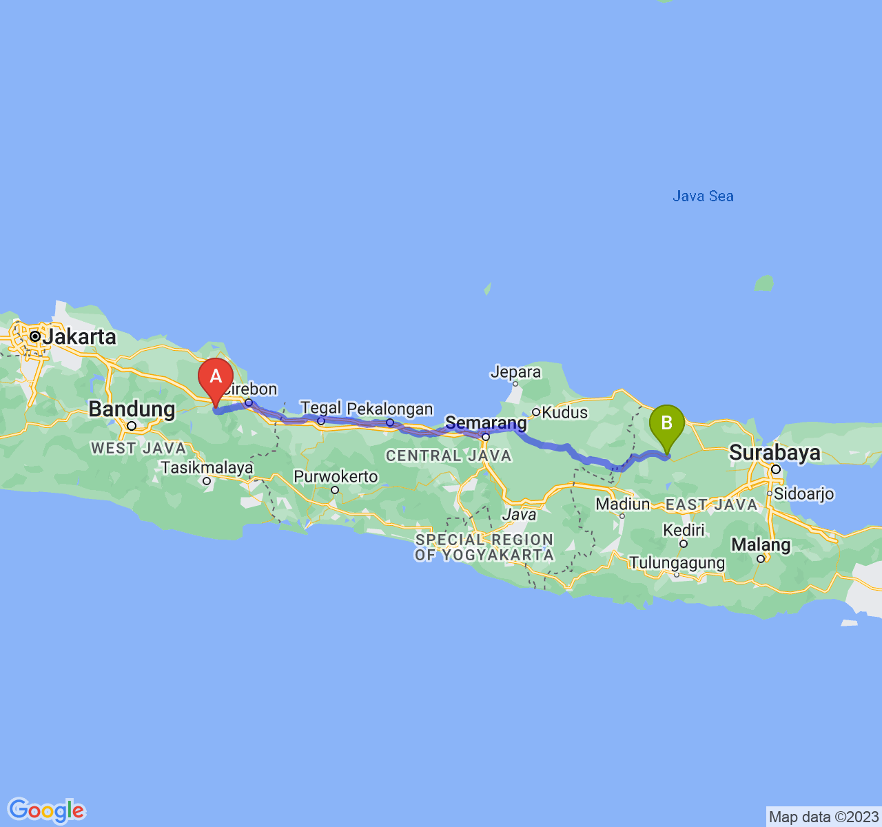 rute perjalanan Kab. Majalengka-Kab. Bojonegoro