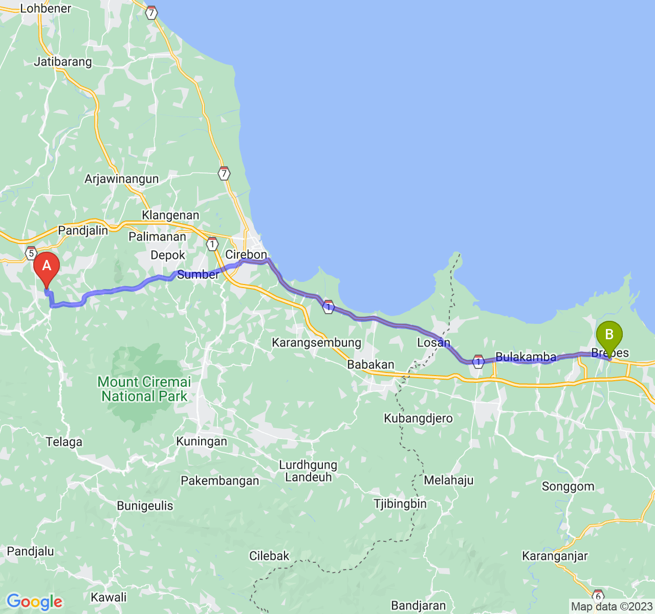 rute perjalanan Kab. Majalengka-Kab. Brebes