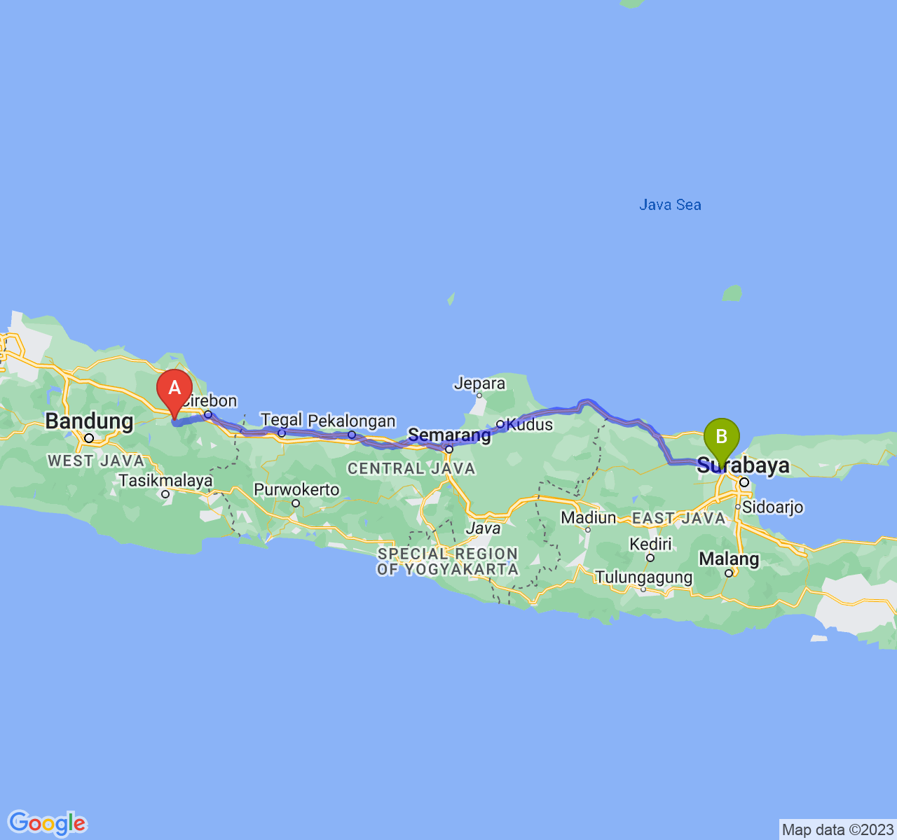 rute perjalanan Kab. Majalengka-Kab. Gresik