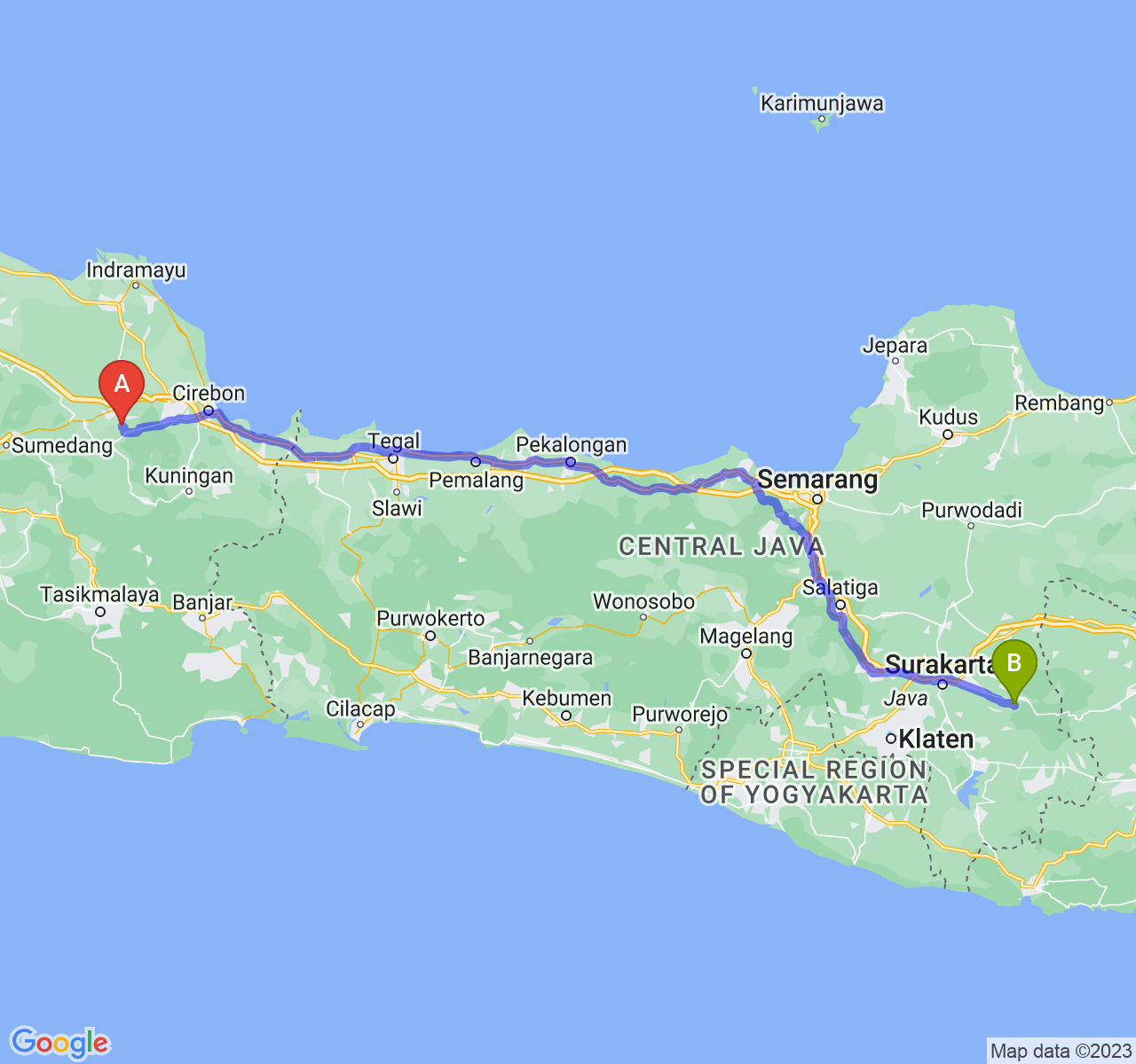 rute perjalanan Kab. Majalengka-Kab. Karanganyar