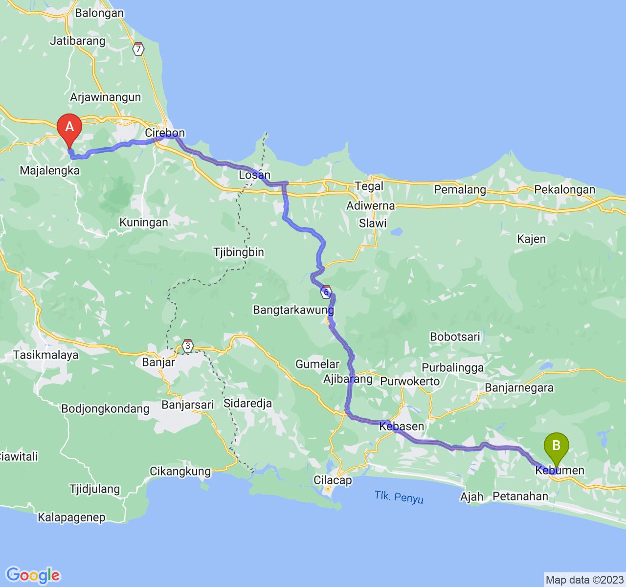 rute perjalanan Kab. Majalengka-Kab. Kebumen