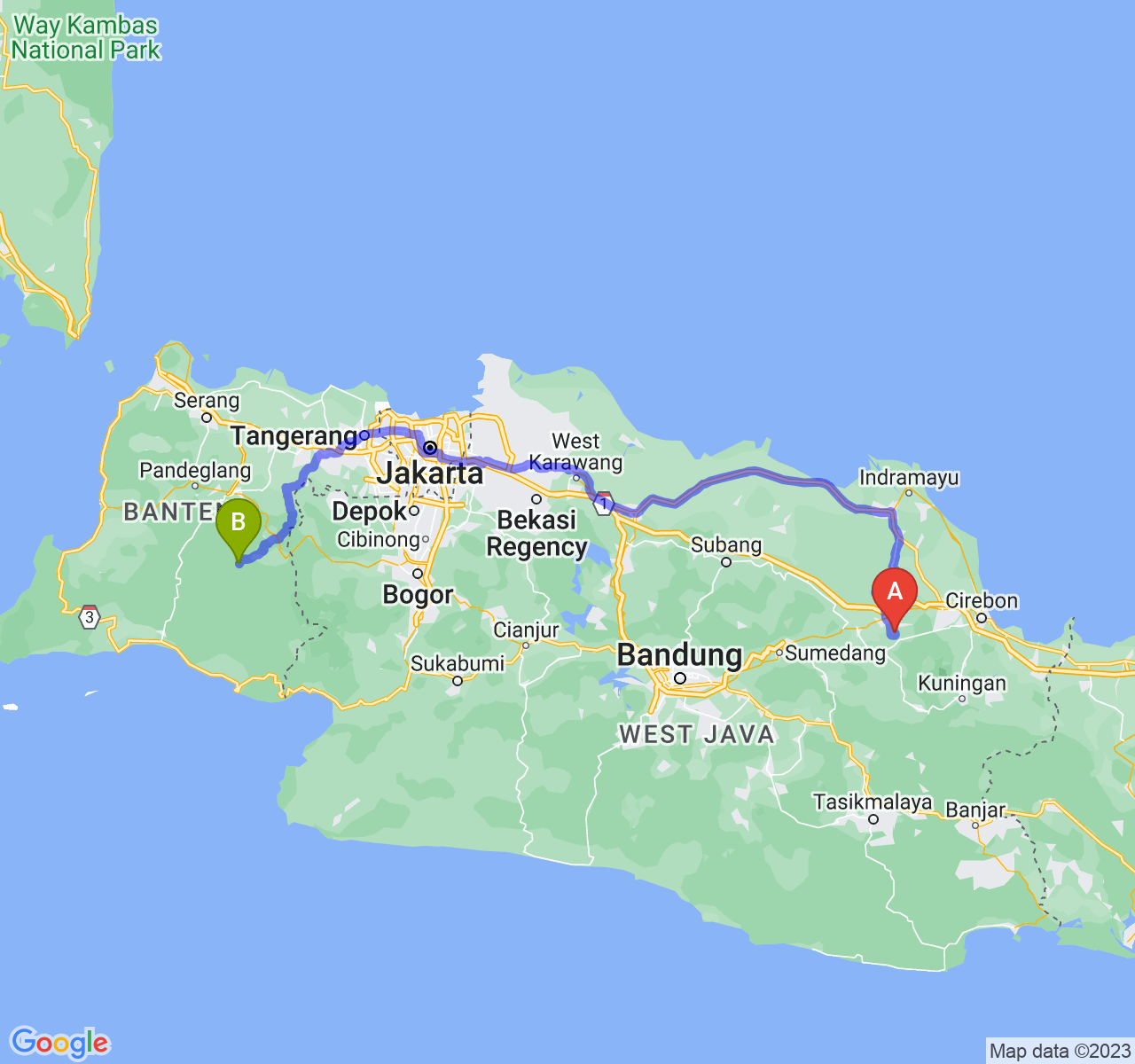 rute perjalanan Kab. Majalengka-Kab. Lebak