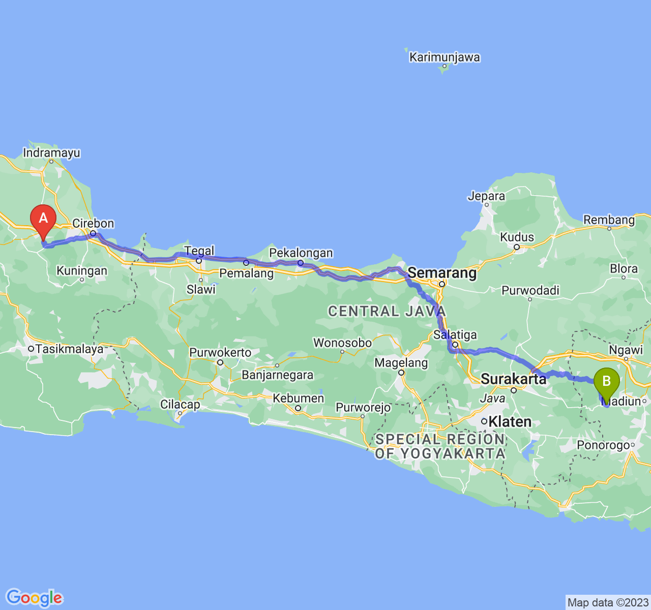 rute perjalanan Kab. Majalengka-Kab. Magetan