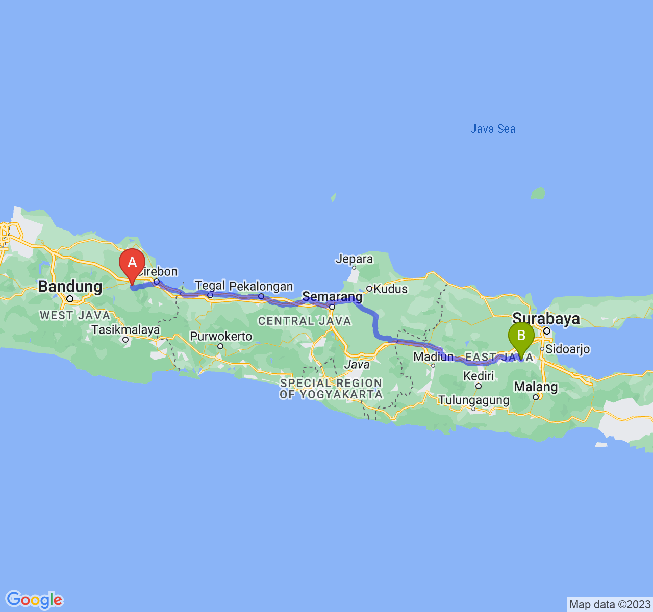 rute perjalanan Kab. Majalengka-Kab. Mojokerto