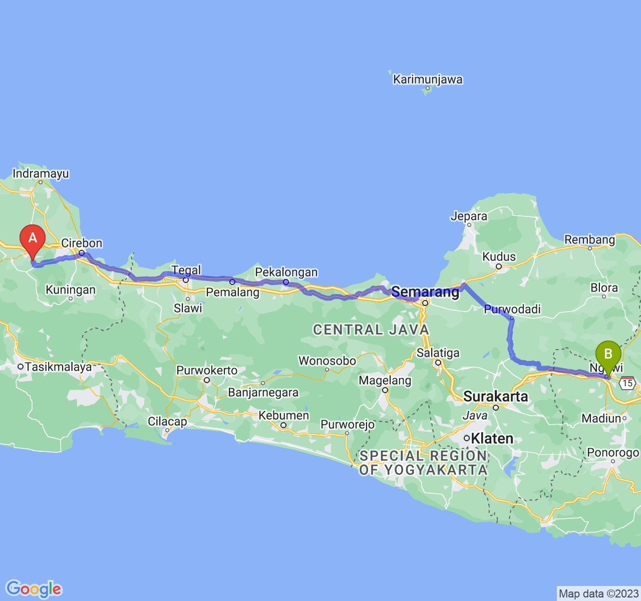 rute perjalanan Kab. Majalengka-Kab. Ngawi