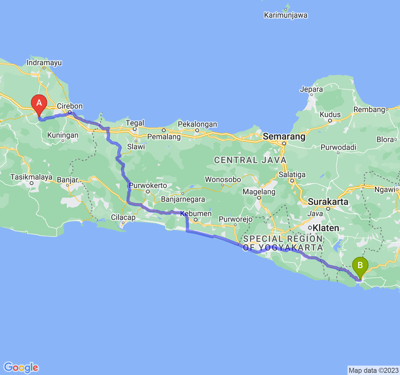 rute perjalanan Kab. Majalengka-Kab. Pacitan