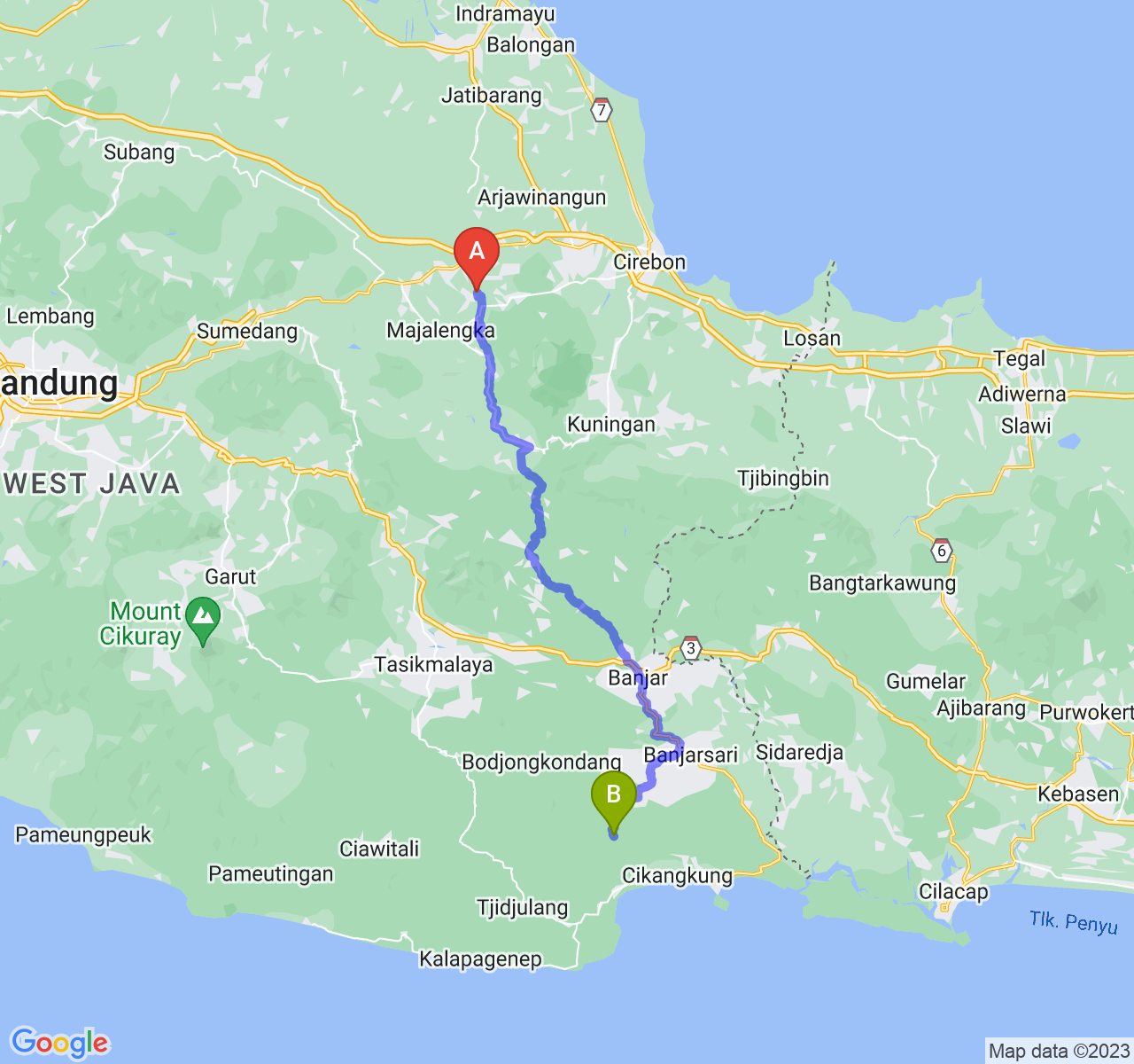 rute perjalanan Kab. Majalengka-Kab. Pangandaran