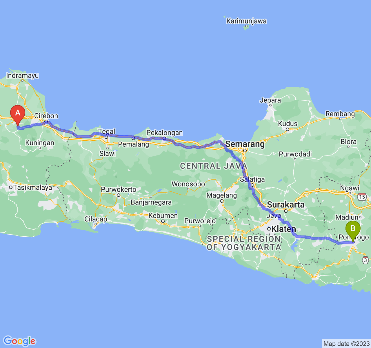 rute perjalanan Kab. Majalengka-Kab. Ponorogo