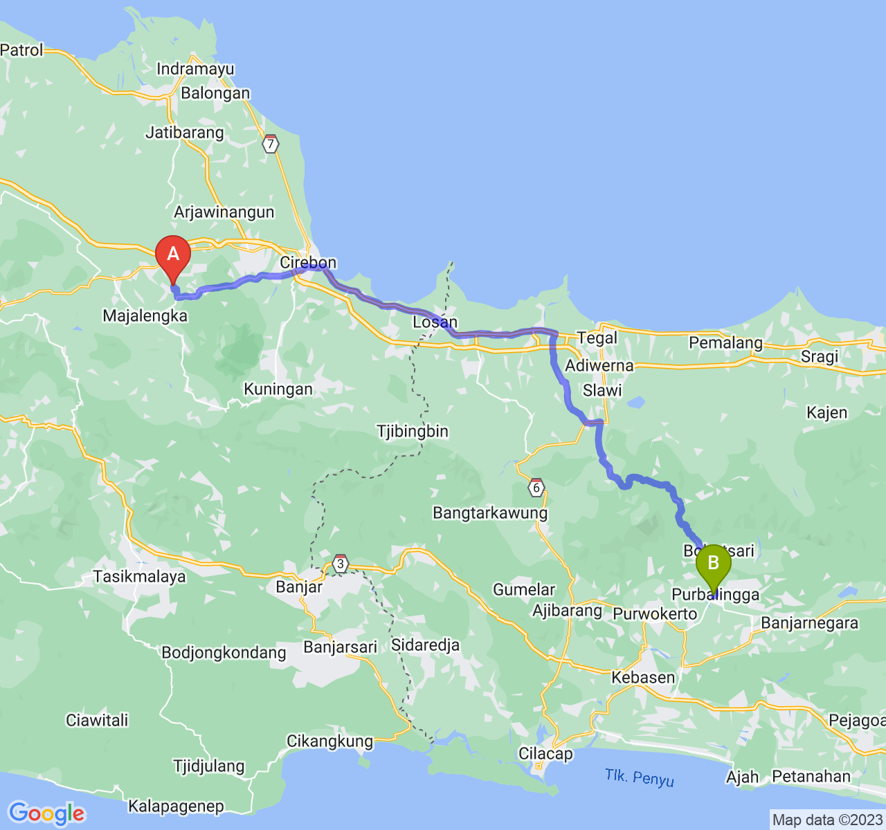 rute perjalanan Kab. Majalengka-Kab. Purbalingga