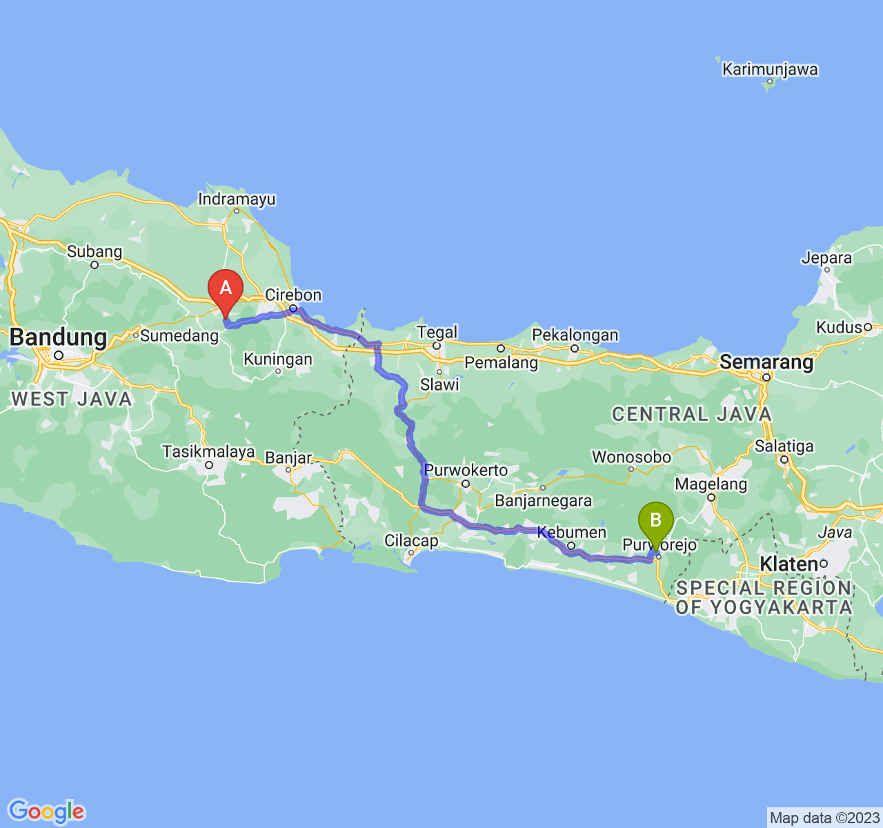 rute perjalanan Kab. Majalengka-Kab. Purworejo