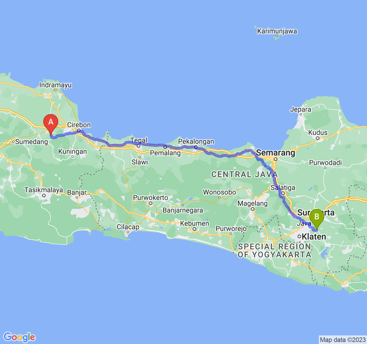 rute perjalanan Kab. Majalengka-Kab. Sukoharjo