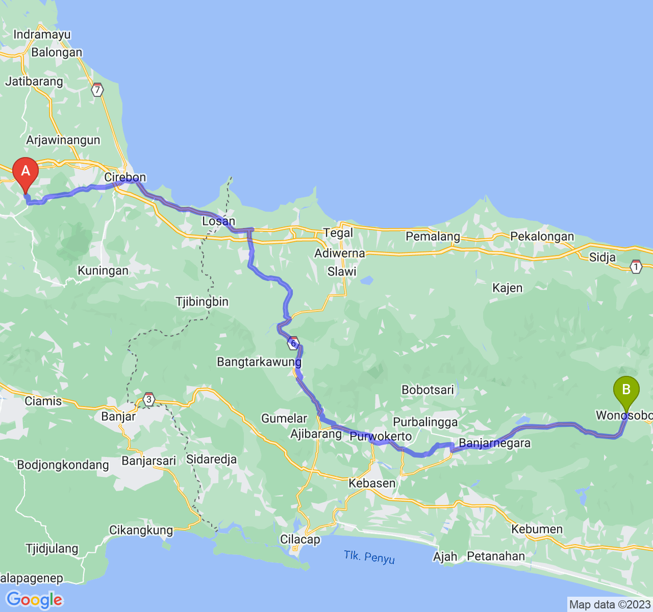 rute perjalanan Kab. Majalengka-Kab. Wonosobo