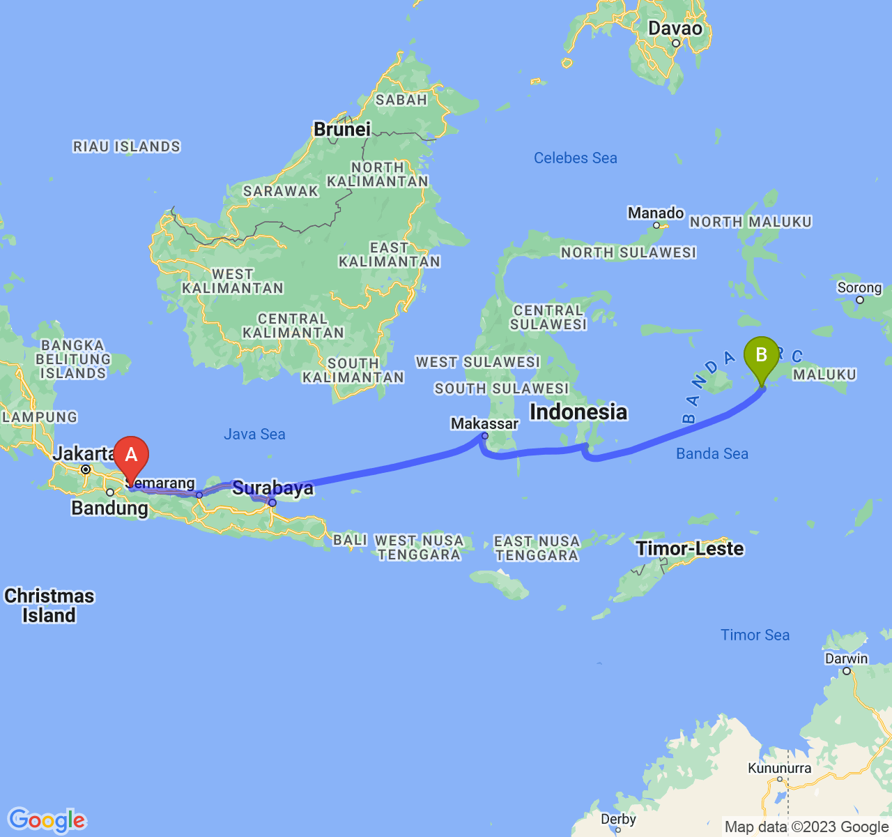 rute perjalanan Kab. Majalengka-Kota Ambon