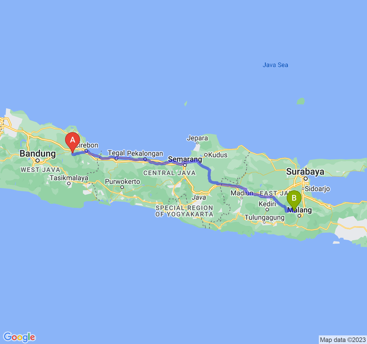 rute perjalanan Kab. Majalengka-Kota Batu