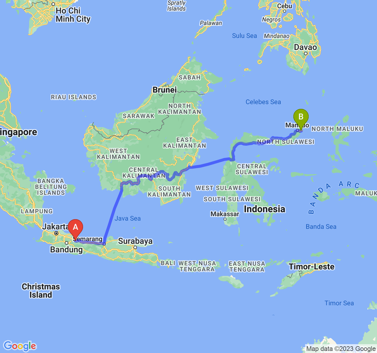 rute perjalanan Kab. Majalengka-Kota Bitung