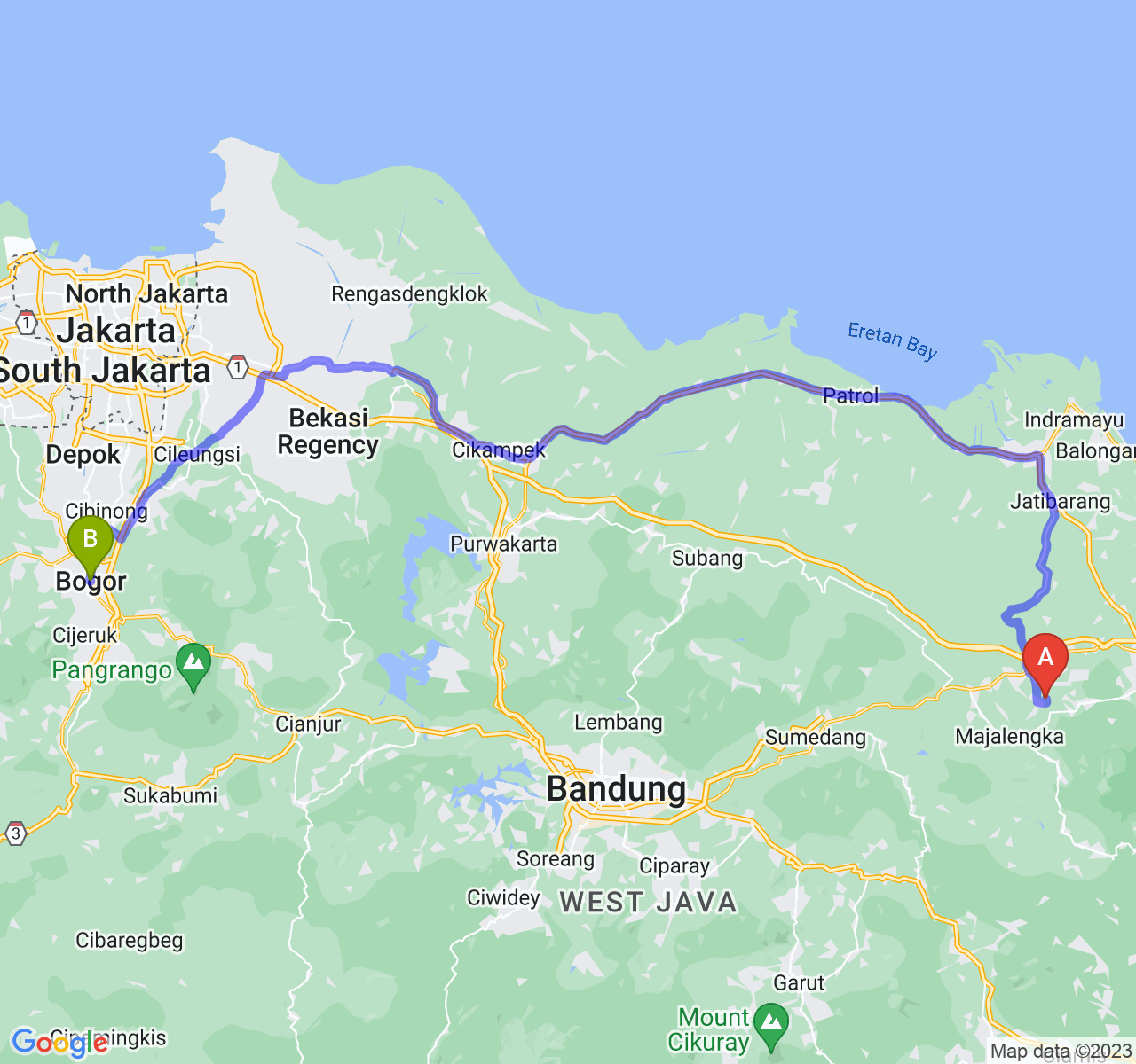 rute perjalanan Kab. Majalengka-Kota Bogor