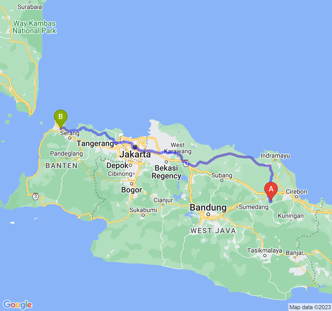 rute perjalanan Kab. Majalengka-Kota Cilegon