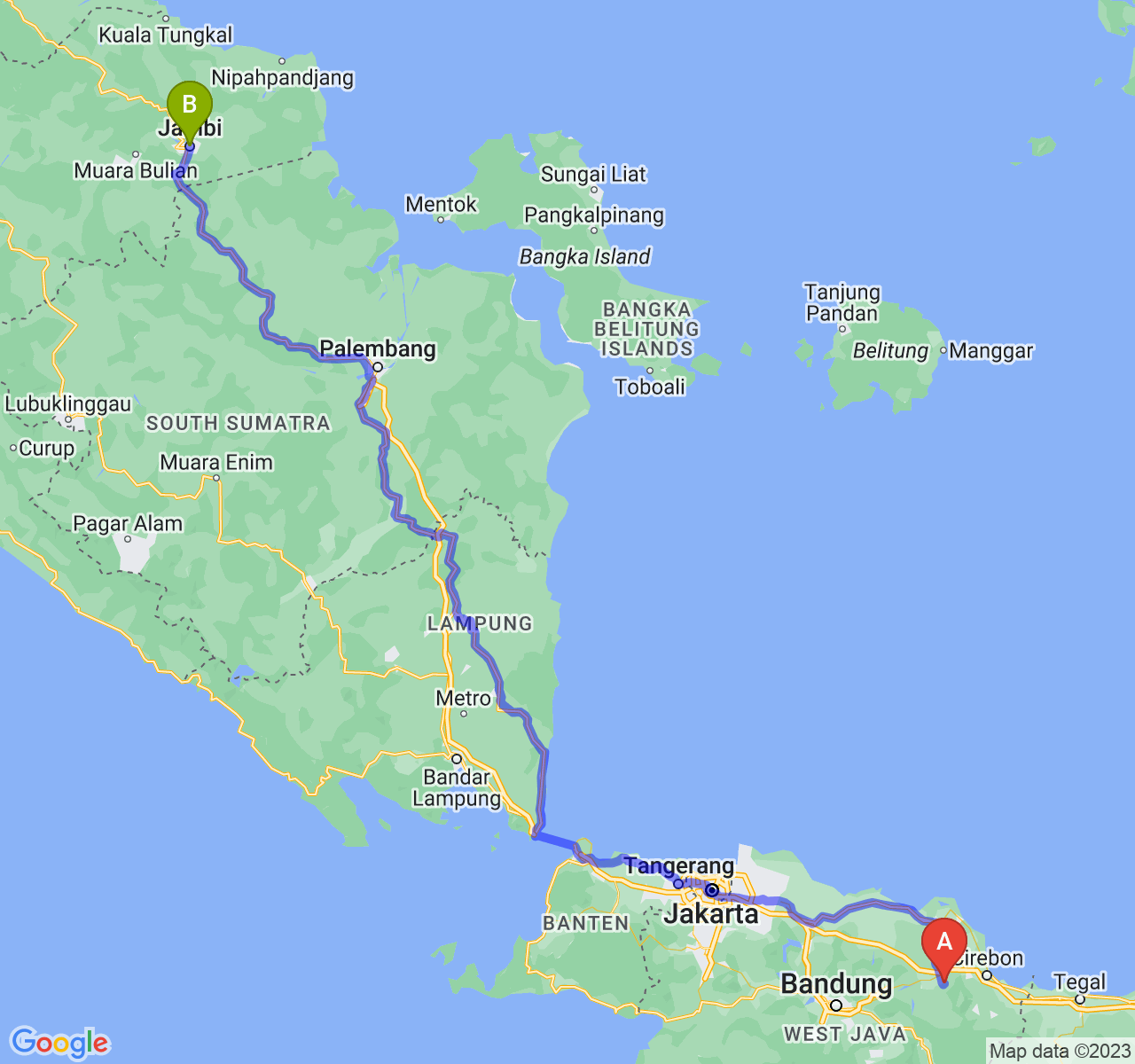 rute perjalanan Kab. Majalengka-Kota Jambi