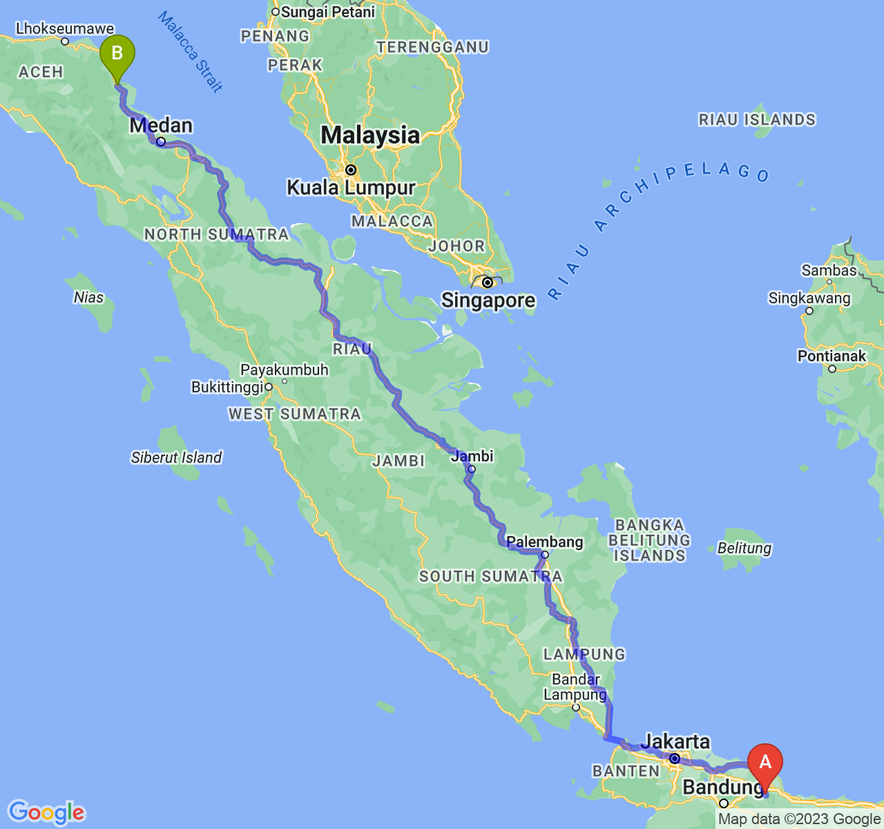 rute perjalanan Kab. Majalengka-Kota Langsa