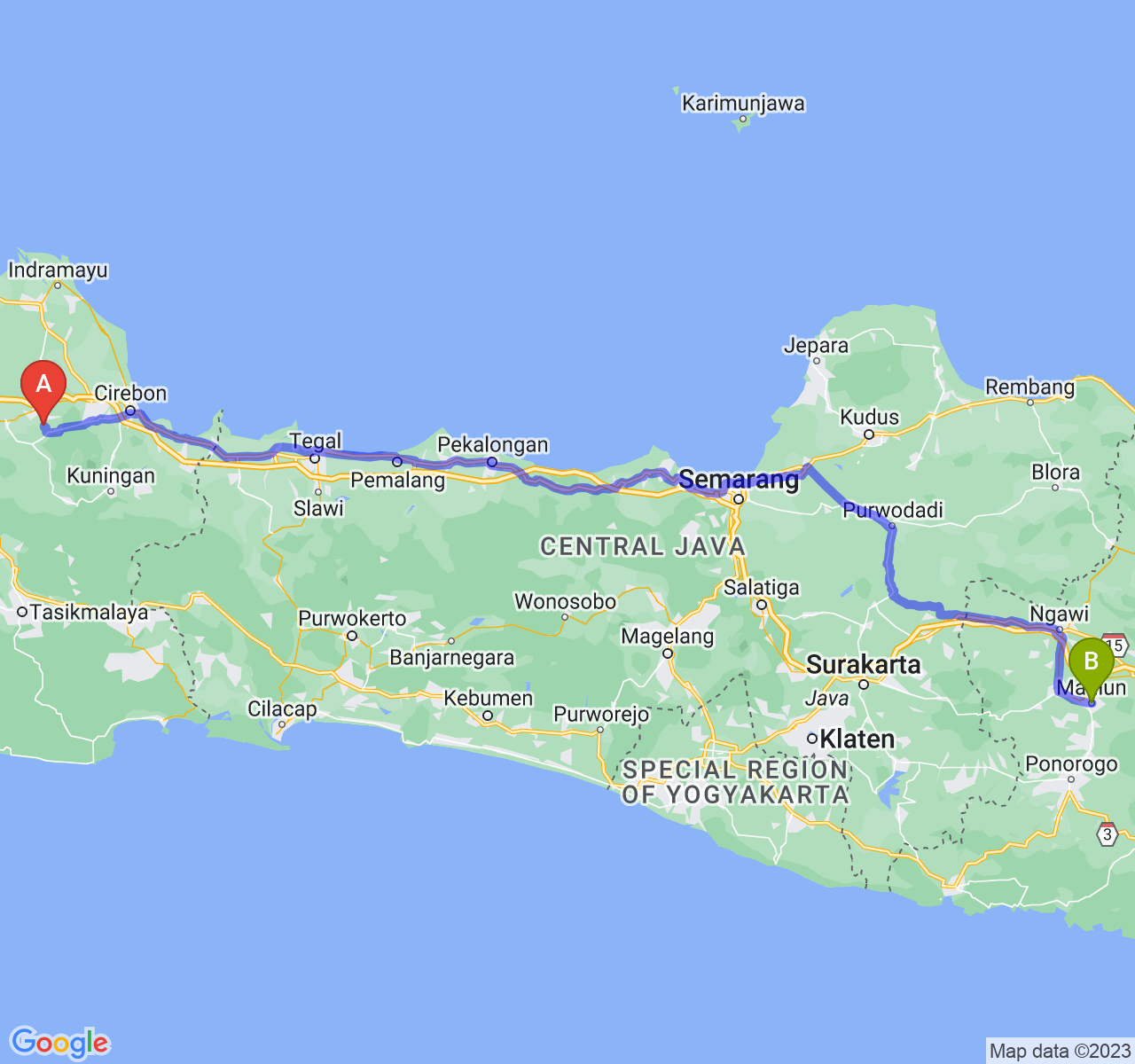 rute perjalanan Kab. Majalengka-Kota Madiun