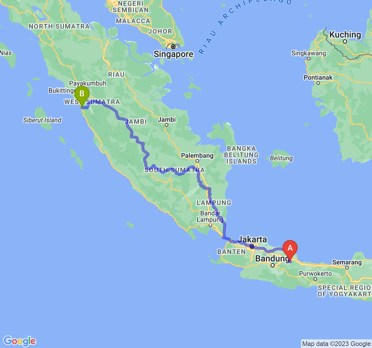 rute perjalanan Kab. Majalengka-Kota Padang