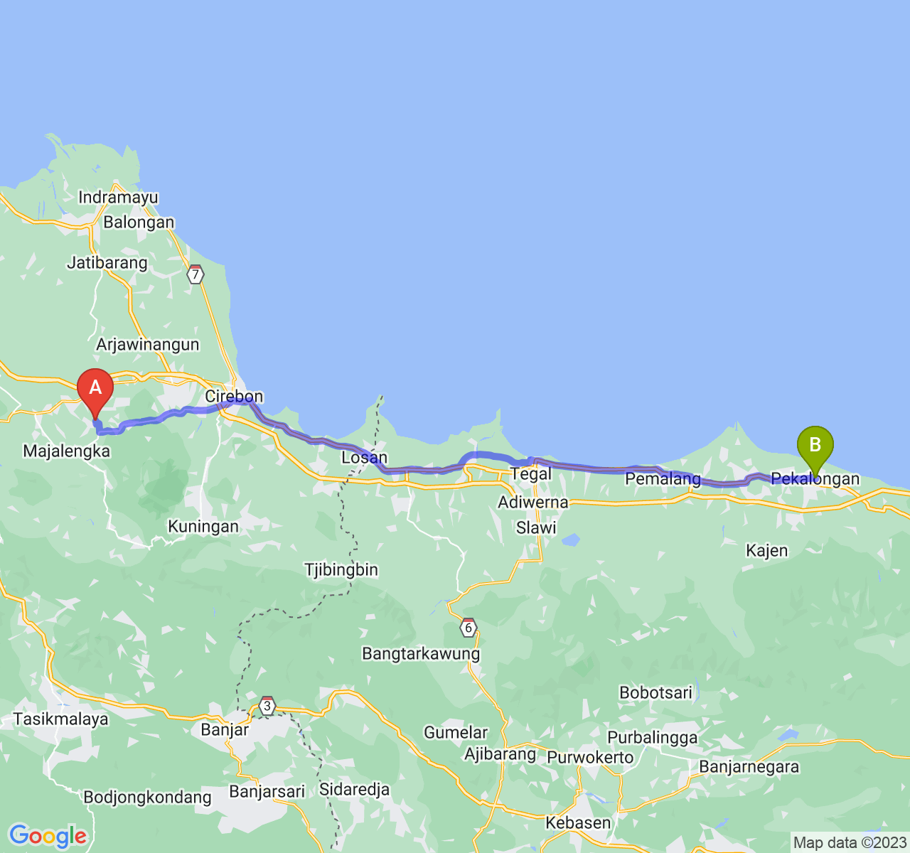 rute perjalanan Kab. Majalengka-Kota Pekalongan