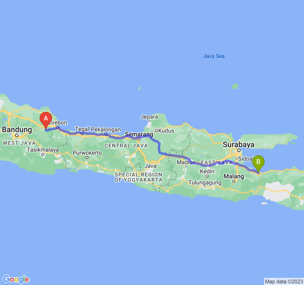 rute perjalanan Kab. Majalengka-Kota Probolinggo