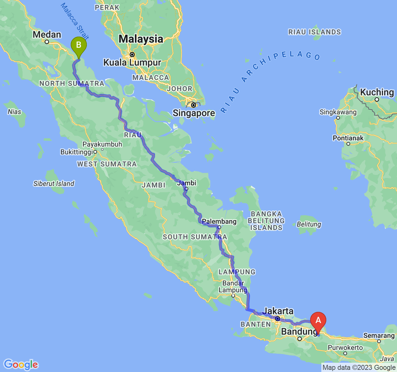 rute perjalanan Kab. Majalengka-Kota Tanjung Balai