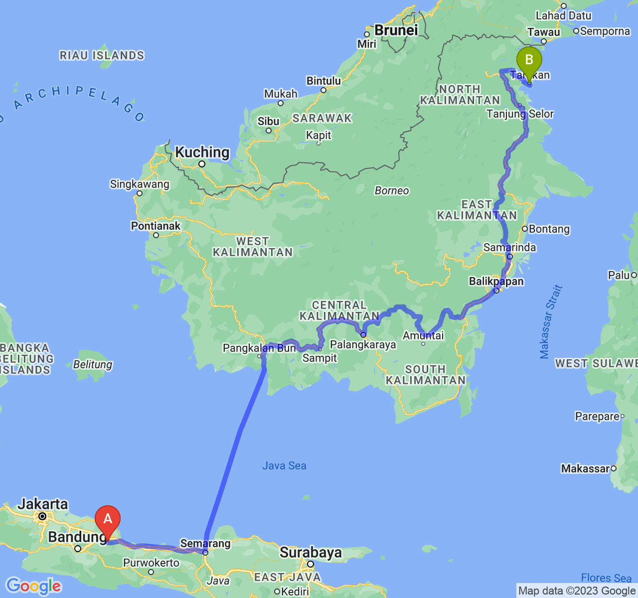 rute perjalanan Kab. Majalengka-Kota Tarakan