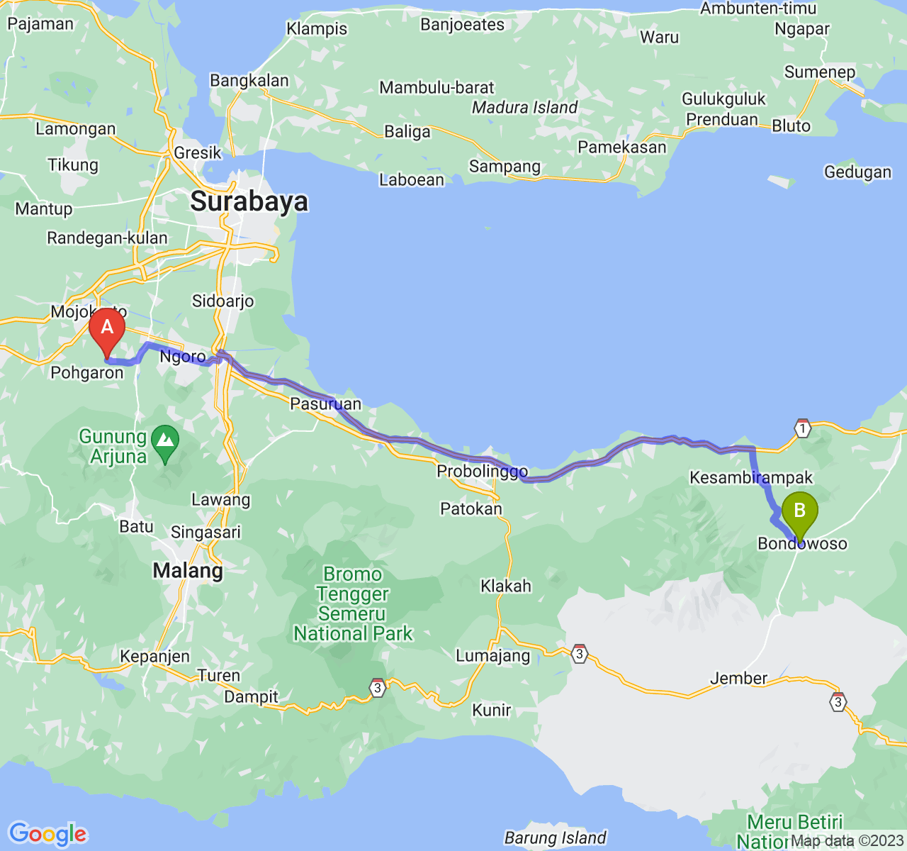 rute perjalanan Kab. Mojokerto-Kab. Bondowoso