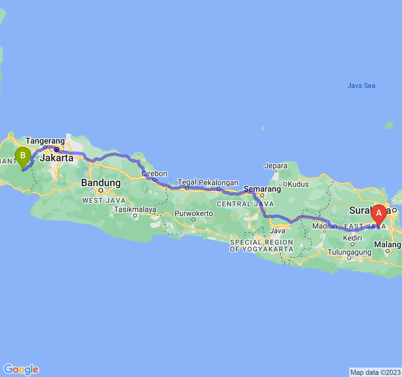 rute perjalanan Kab. Mojokerto-Kab. Lebak