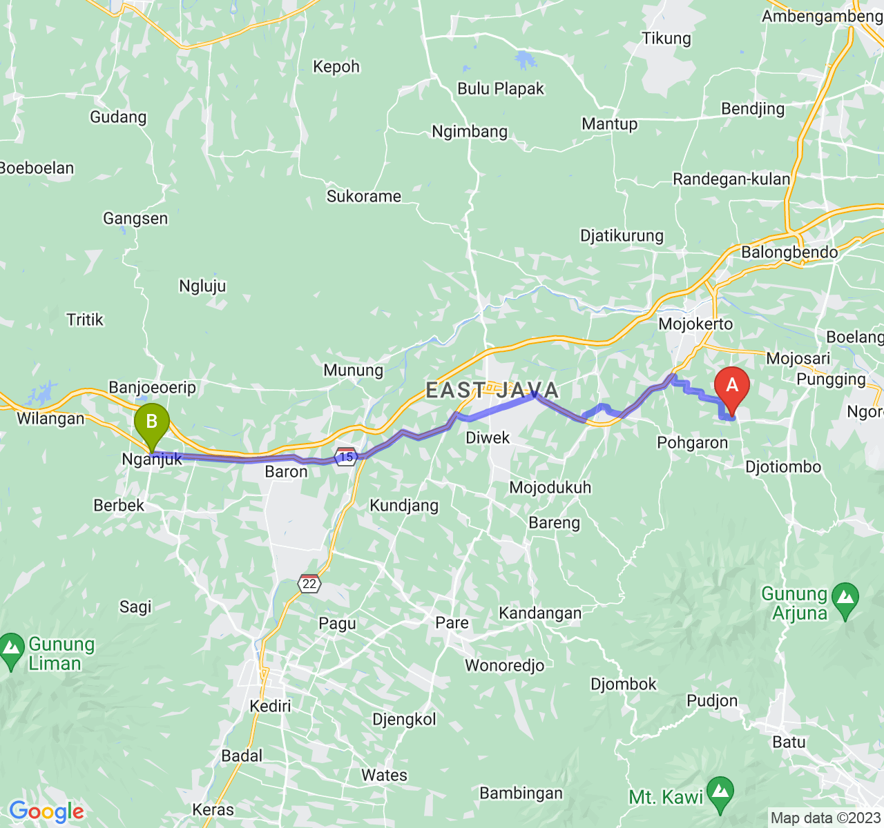 rute perjalanan Kab. Mojokerto-Kab. Nganjuk