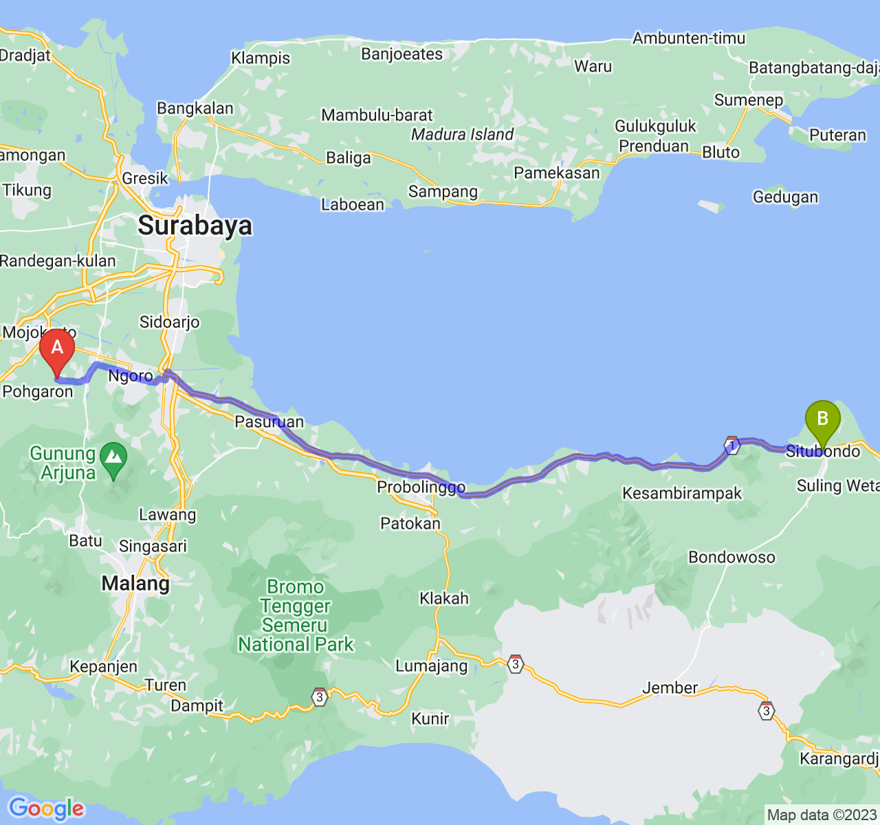 rute perjalanan Kab. Mojokerto-Kab. Situbondo