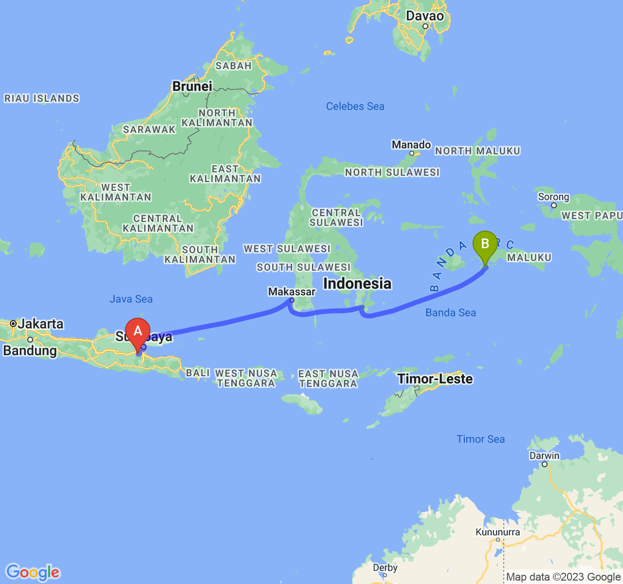 rute perjalanan Kab. Mojokerto-Kota Ambon