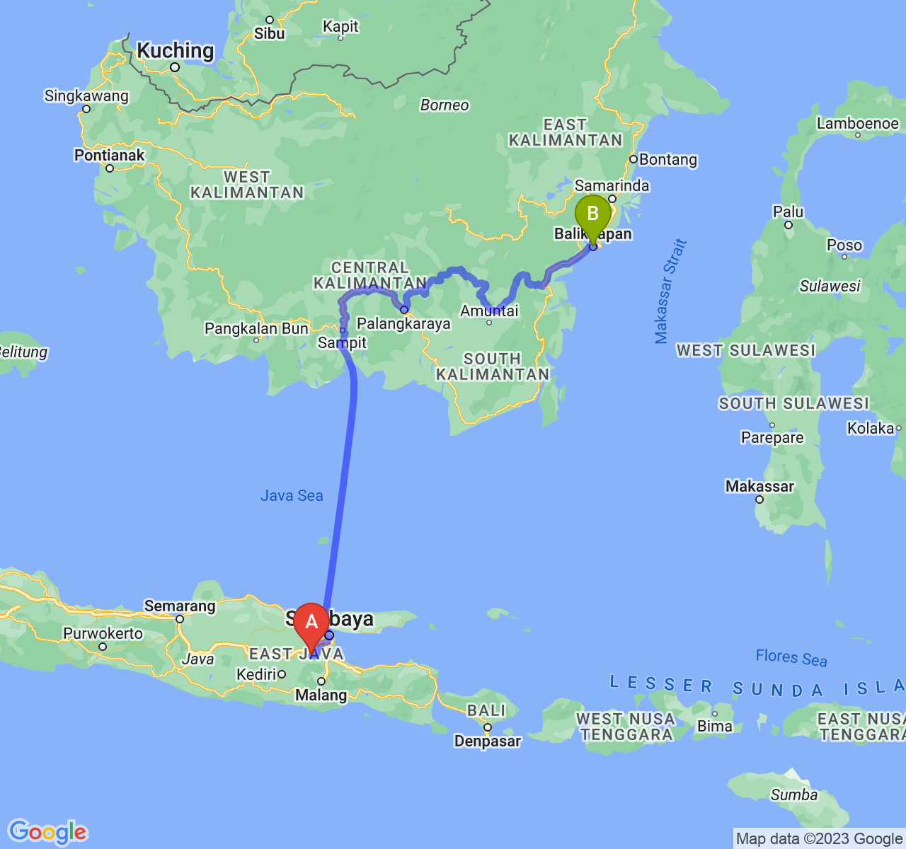 rute perjalanan Kab. Mojokerto-Kota Balikpapan