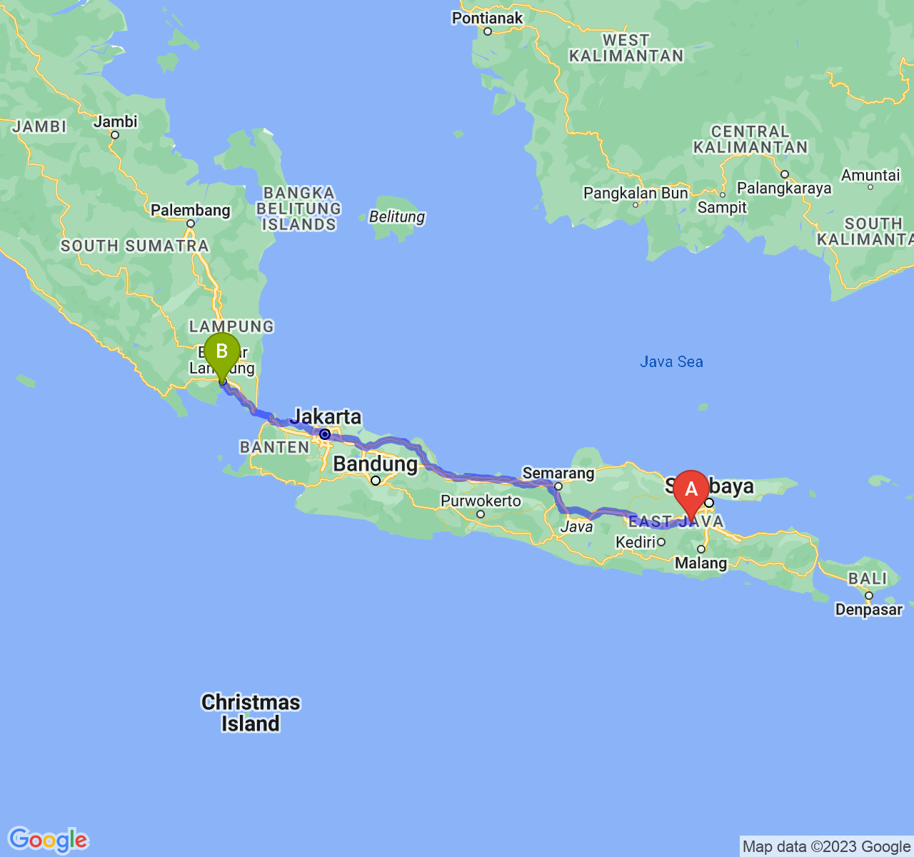 rute perjalanan Kab. Mojokerto-Kota Bandar Lampung