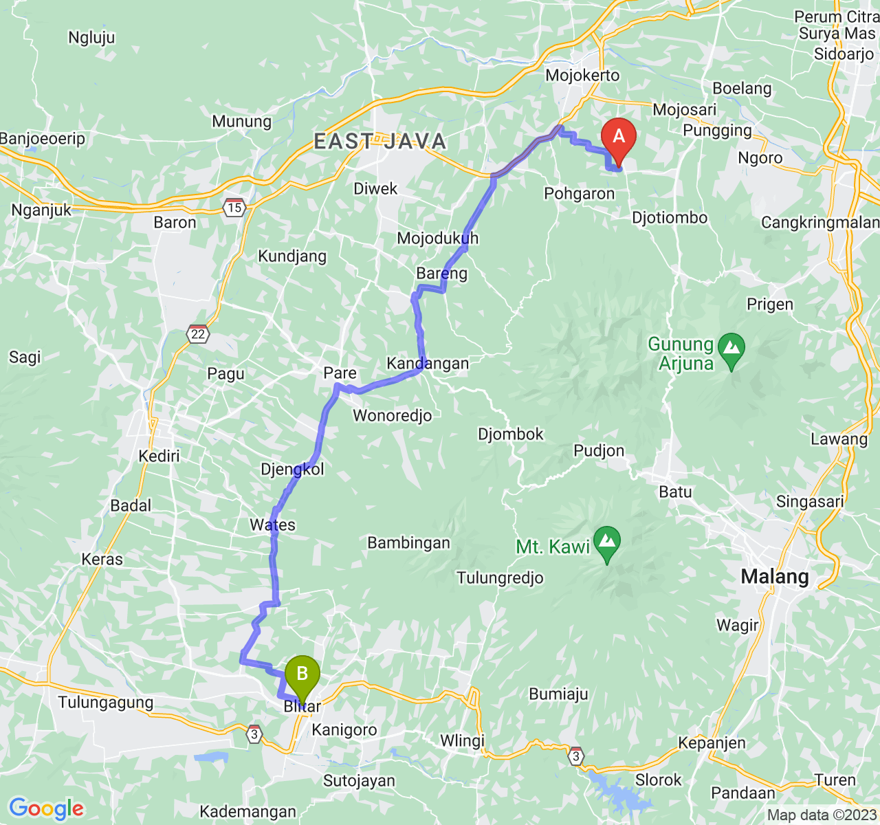 rute perjalanan Kab. Mojokerto-Kota Blitar