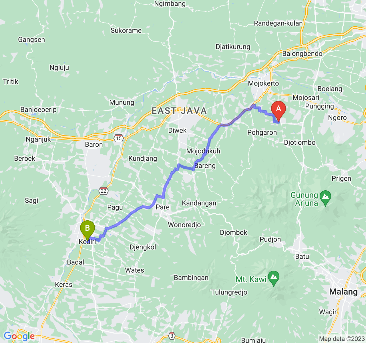 rute perjalanan Kab. Mojokerto-Kota Kediri