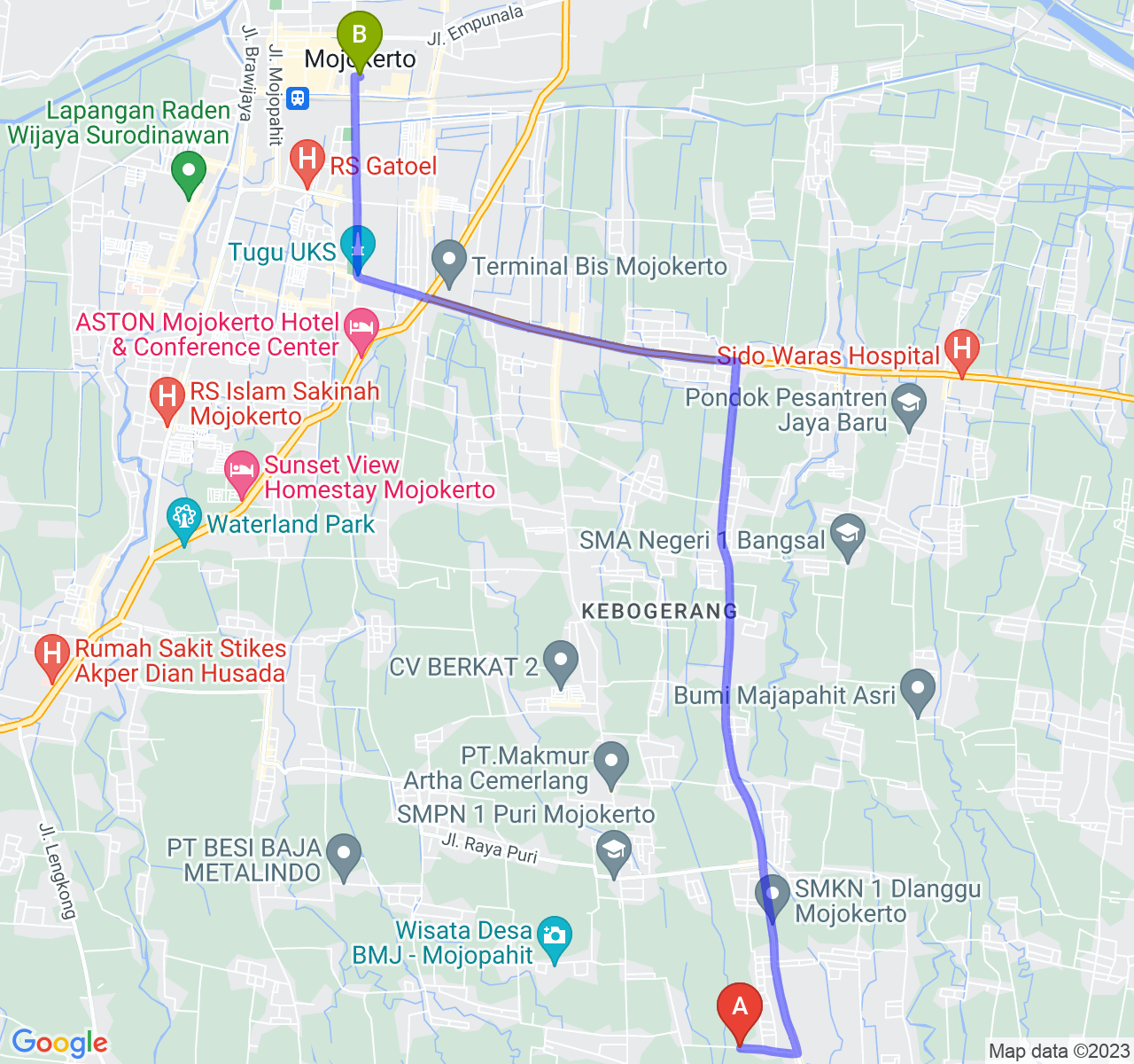 rute perjalanan Kab. Mojokerto-Kota Mojokerto