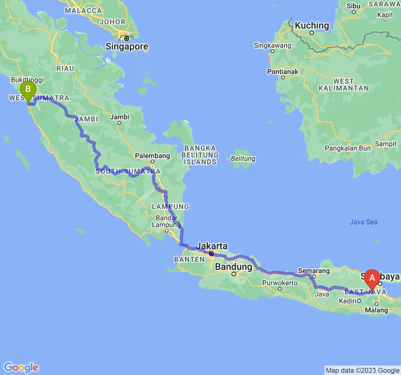 rute perjalanan Kab. Mojokerto-Kota Padang