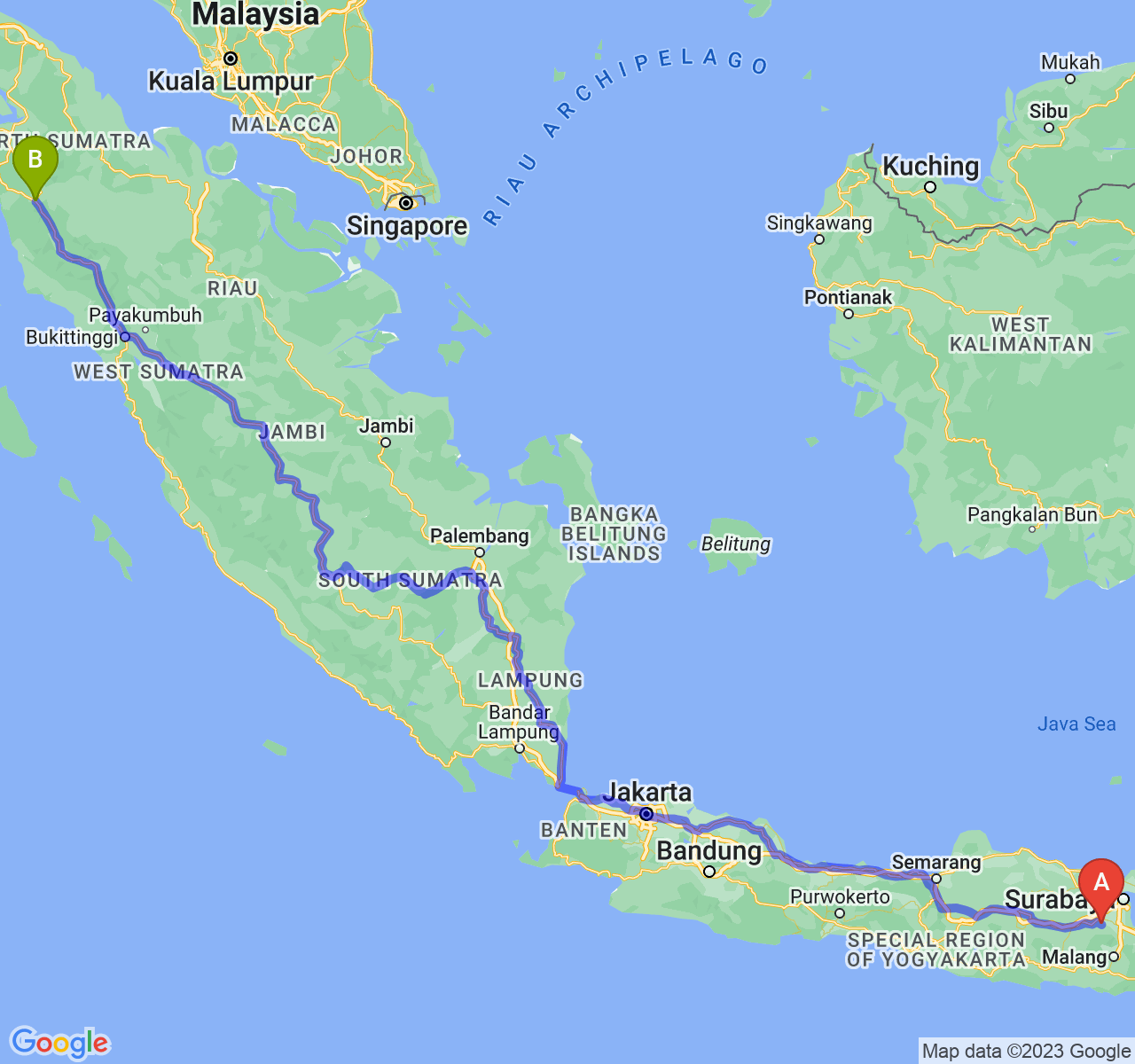 rute perjalanan Kab. Mojokerto-Kota Padang Sidimpuan