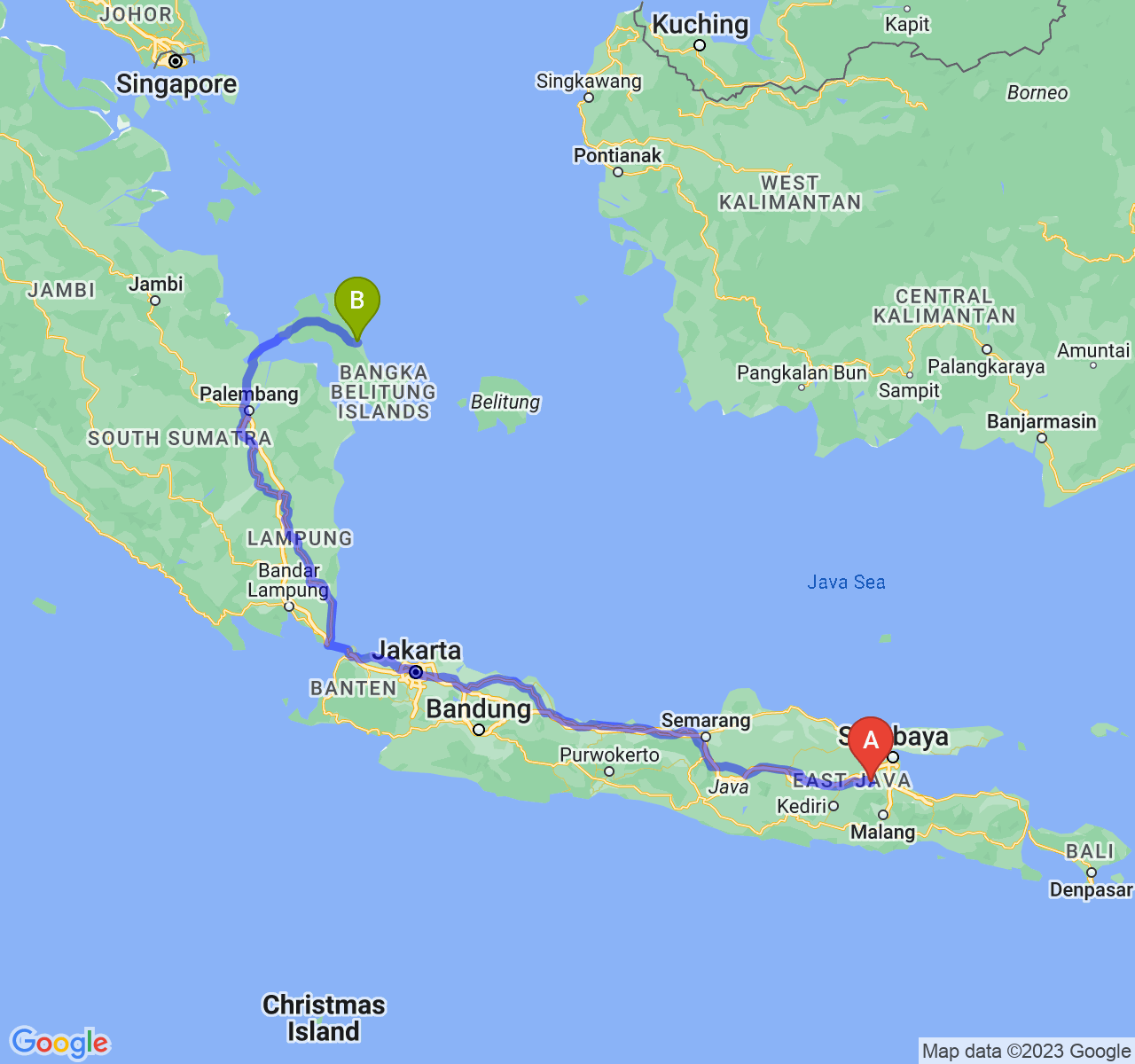 rute perjalanan Kab. Mojokerto-Kota Pangkalpinang